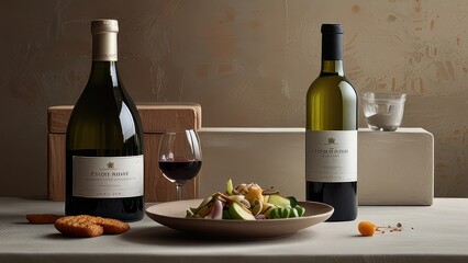 A refined and intimate photograph showcasing an elegant table with vine bottle and glass