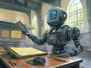 Wall Mural - timetravelling scholar futuristic classroom holographic textbooks robot teaching assistant