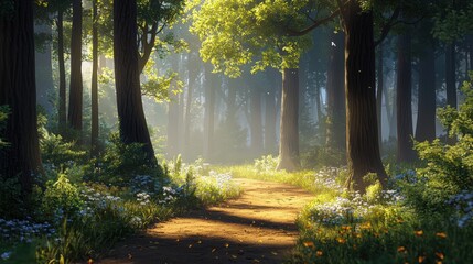 Poster - Sunlit Path Through a Misty Forest.