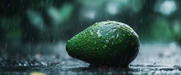 Wall Mural - A single avocado sits on a wet surface during a rainstorm, with raindrops falling around it.