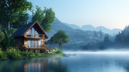 Poster - Cabin on the Lake in the Mountains.