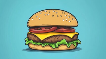 A cartoon burger with lettuce, cheese, and tomato