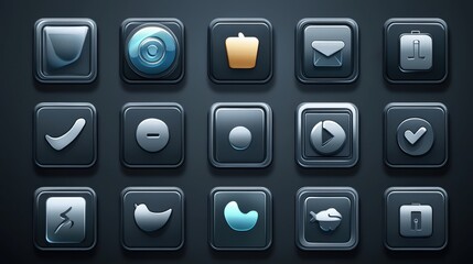 Poster - Glassy 3D Icons Set on Dark Background.