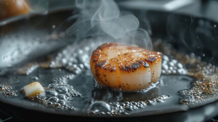 Wall Mural - A close-up of a scallop searing in a hot pan, with butter sizzling around it.