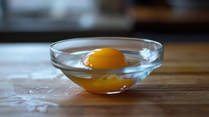 A cracked egg with the yolk separated into a clear bowl, ready for baking.