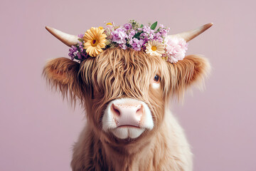 Cute highland cow with flower crown, AI generated