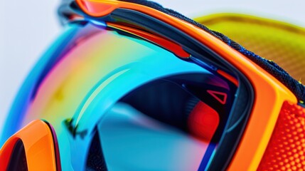 Wall Mural - Contemporary ski goggles featuring a vibrant rainbow lens coating reflecting the snowy mountains