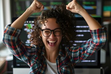 Photo of lovely excited glad woman software developer sitting armchair comfortable workspace workstation indoors