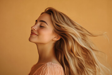 A close up of a woman's face with her eyes closed and long blond hair