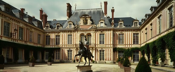 Wall Mural - A statue of a man on horseback stands in the courtyard of a grand French chateau, surrounded by manicured gardens and a stone walkway.