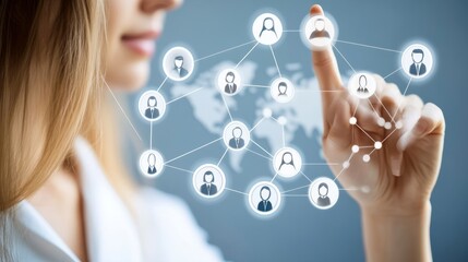 Wall Mural - business, hand, network, concept, technology, social, internet, media, businessman, communication, connection, woman, people, computer, world, global, cloud, map, screen, person, touch, finger, icon, 