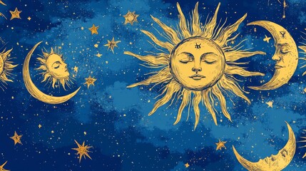 Mystical vintage illustration of a blue background with stars, featuring a Tarot banner, zodiac sign template, and a sun and moon with faces. Vector magical celestial design.