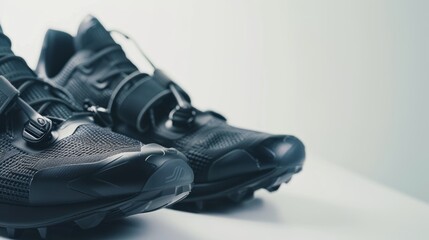 Closeup of black cycling shoes with the boa fit system on a white background