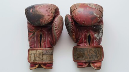 Pair of well-worn red leather boxing gloves sitting on a clean surface, showing the signs of many training sessions