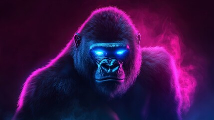 Wall Mural - powerful neon gorilla with glowing fur and eyes on dark background
