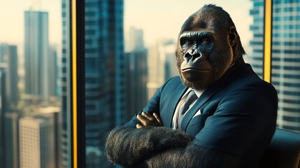 Poster - A gorilla in a suit at a high-rise office