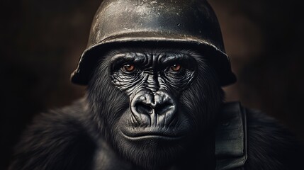 Portrait of a gorilla in a military helmet on a dark background 