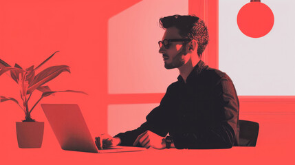 A man is sitting at a desk with a laptop and a potted plant