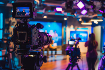 behind scenes of television interview set: professional cameras aimed at guest speaker with host, hi