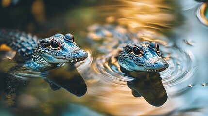 Wall Mural - Two baby alligators are swimming in a pond