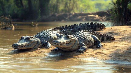 crocodiles actus wild exotic dangerous , crocodile family relaxing on riverside