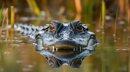 Wall Mural - In the wetlands, an alligator glides silently through the water, its eyes and snout barely visible above the surface.