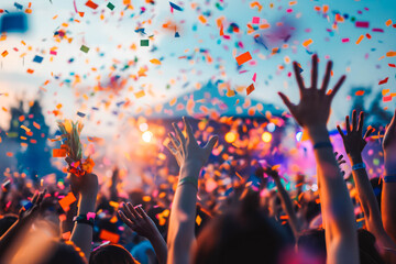 Crowd of people celebrating with confetti at festive outdoor event. Celebration and party atmosphere.