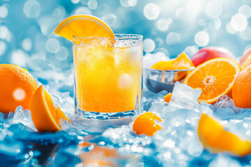 Detail of orange drink with a lot of ice on a white table with fruit and a bowl with ice around it and isolated background. Front view.