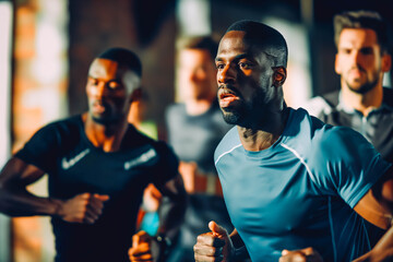 Determined man practicing jogging with male friends during exercise class in gym.