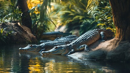 Wall Mural - crocodiles family relaxing on riverside and in the water 