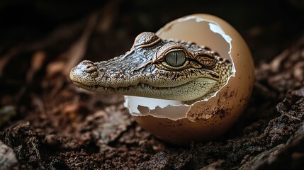 Wall Mural - A baby crocodile is born by breaking an egg