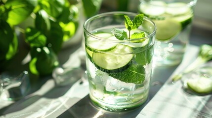 A refreshing glass of cucumber water with mint leaves, served in a clear glass on a hot day.