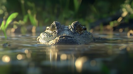 Wall Mural - In the wetlands, an alligator glides silently through the water, its eyes and snout barely visible above the surface.