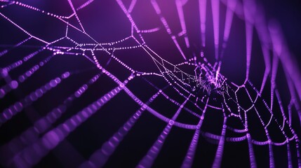 Wall Mural - close-up of a spider web with purple lighting against a dark background