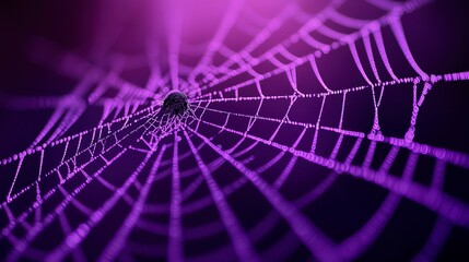 Wall Mural - close-up of a spider web with purple lighting against a dark background