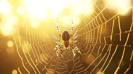 Wall Mural - close-up of a spider centered on a delicate web, with golden bokeh effect from the sunlight