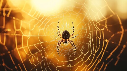 Wall Mural - close-up of a spider centered on a delicate web, with golden bokeh effect from the sunlight