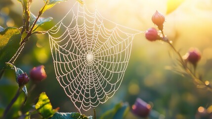 Wall Mural - spider web in the morning dew, cold dew condensing on a spider web