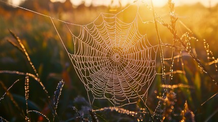 Wall Mural - spider web in the morning dew, cold dew condensing on a spider web