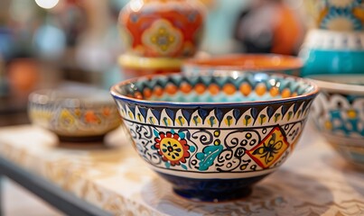 Colorful clay pottery on the table in a pottery shop