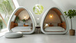 © Liana - Futuristic indoor sleeping pods with a sleek, egg-shaped design, featuring cozy bedding and modern lighting, perfect for unique living spaces or innovative accommodations.