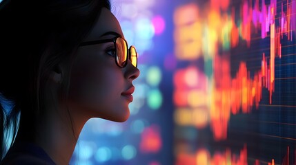 Poster - Businesswoman Analyzing Market Trends with Data Visualization on Digital Display
