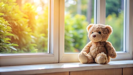 A cute teddy bear sitting on a windowsill , bear, toy, window, sitting, cute, stuffed animal, whimsical, indoors, home