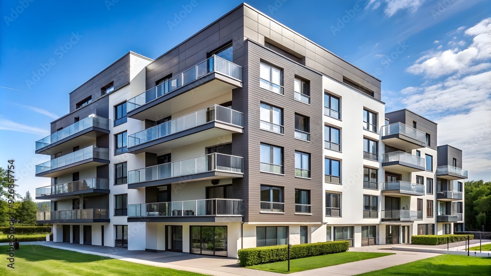 View of Minimalistic photo of a part of a modern grey and white apartment ...