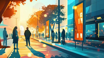 Wall Mural - Vibrant urban street scene at sunset with silhouettes of people, modern buildings, and glowing advertisements creating a dynamic cityscape.