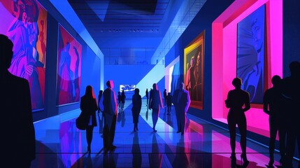 People enjoy a vibrant evening art exhibition in a modern gallery, showcasing colorful paintings and lively atmosphere under blue and pink lights.