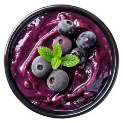 Wall Mural - Top view bowl of brazilian frozen acai berry isolated on transparent white background, clipping path