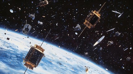 Poster - Abandoned Satellites Orbiting the Earth in a Futuristic Space Graveyard