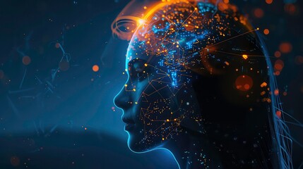 Sticker - a digital illustration of a woman's face with glowing lines and dots forming a network around her he