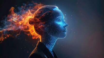 Sticker - a person's face is outlined with bright blue light, with golden fire-like particles flowing around i